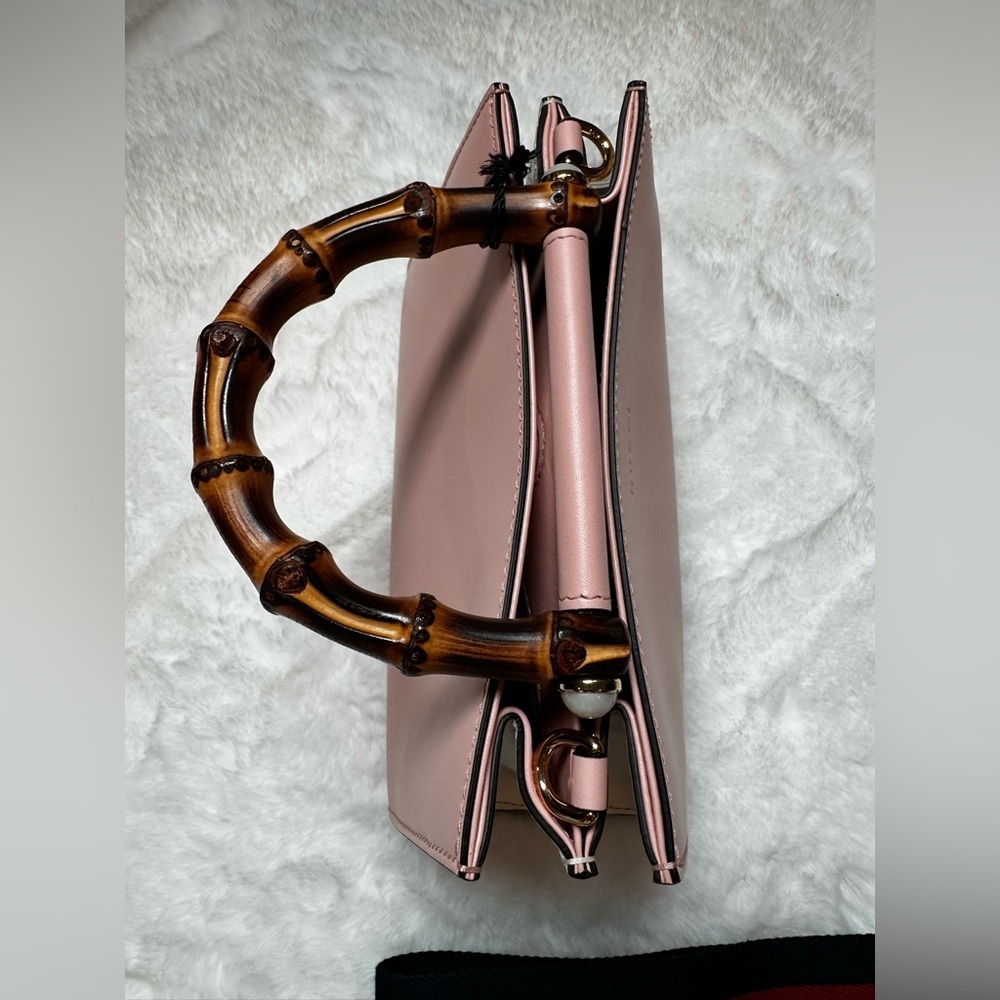 Gucci Blush Pink Leather Bag with Red and navy Strap-with bamboo handle - Picture 13 of 16